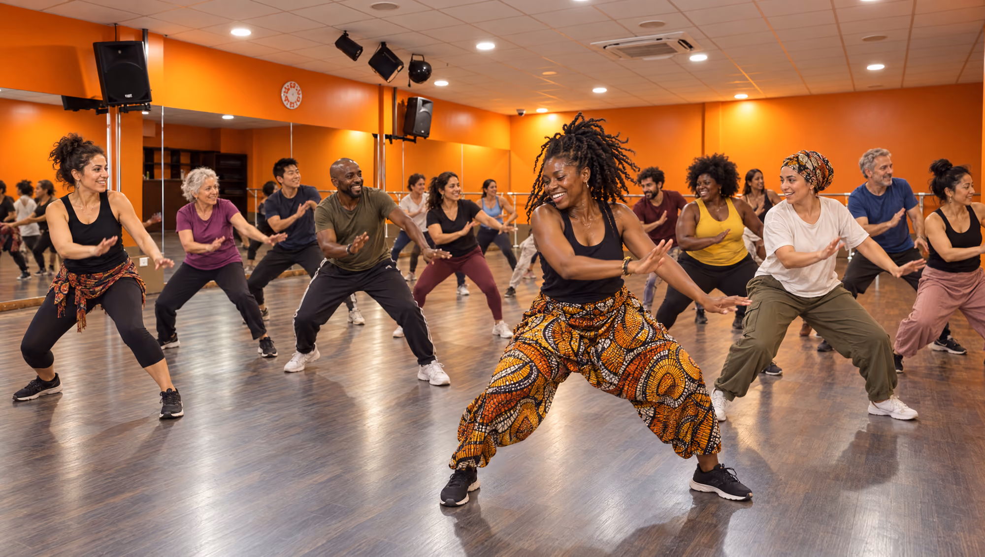 Un cours de danses afro en pleine séance, salle orange : une quinzaine d’élèves de tous âges et de toutes origines.