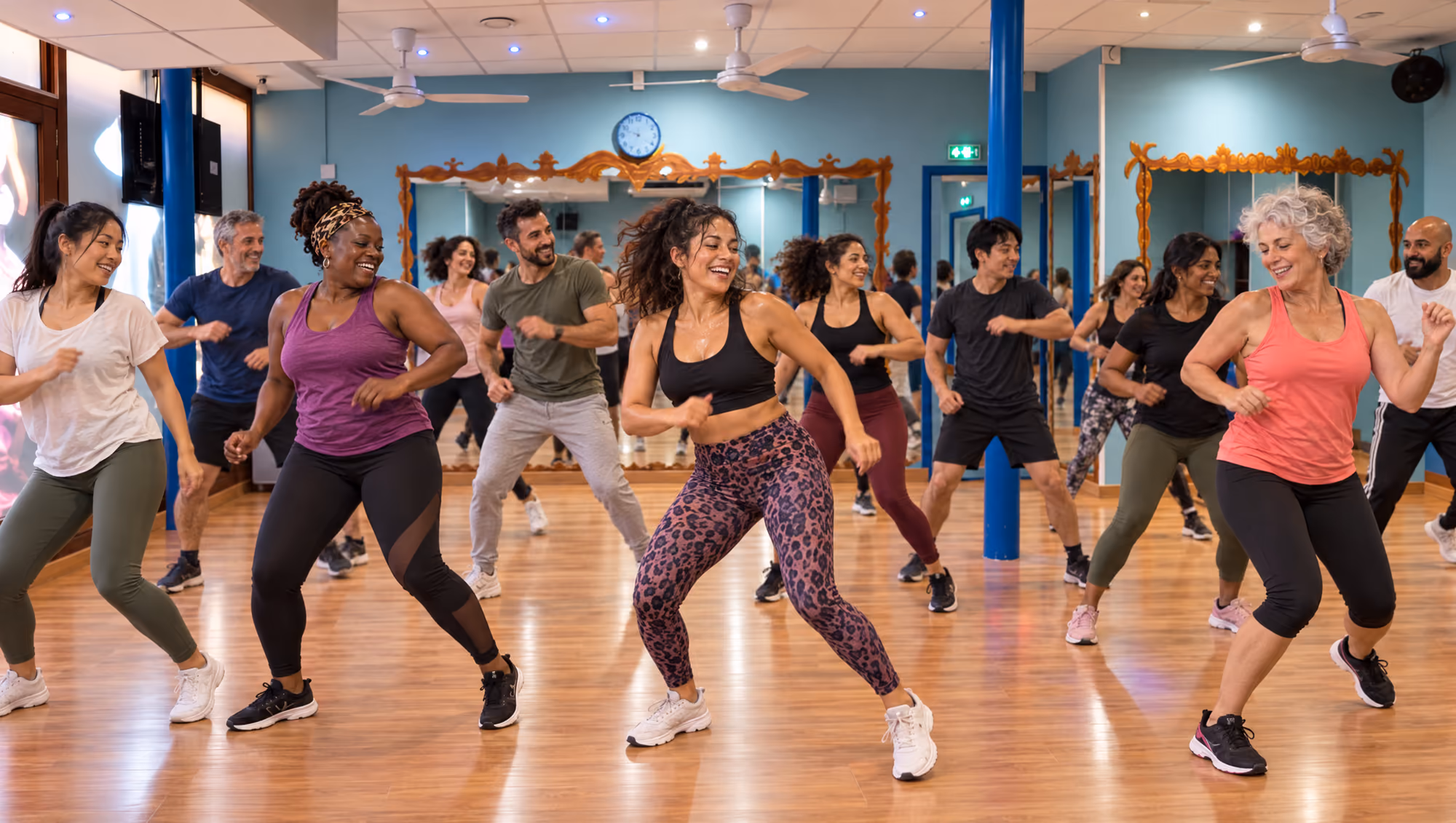 Un cours de latin training & zumba en pleine séance, salle bleue : une quinzaine d’élèves de tous âges et de toutes origines.