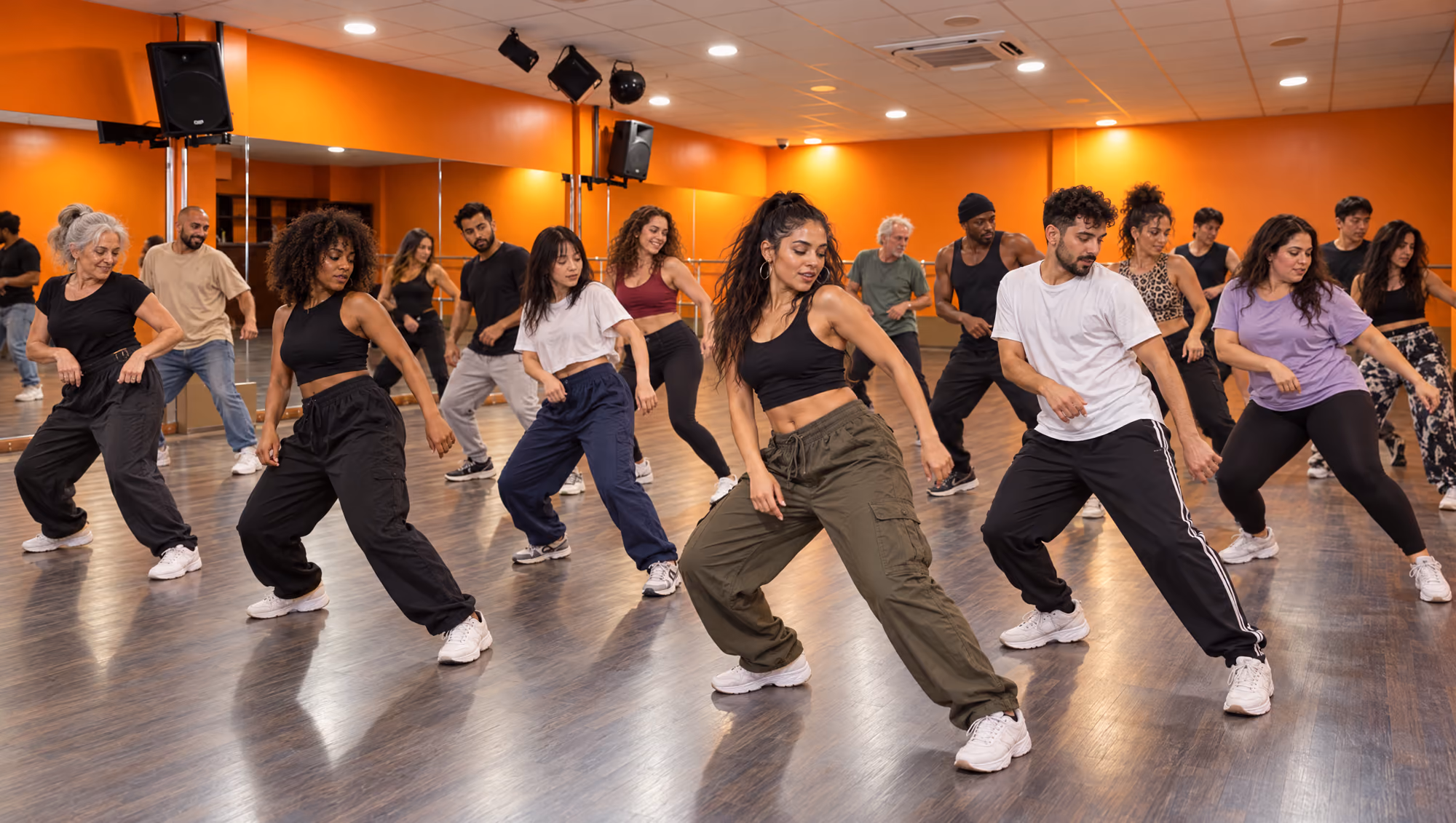 Un cours de reggaeton en pleine séance, salle orange : une quinzaine d’élèves de tous âges et de toutes origines.