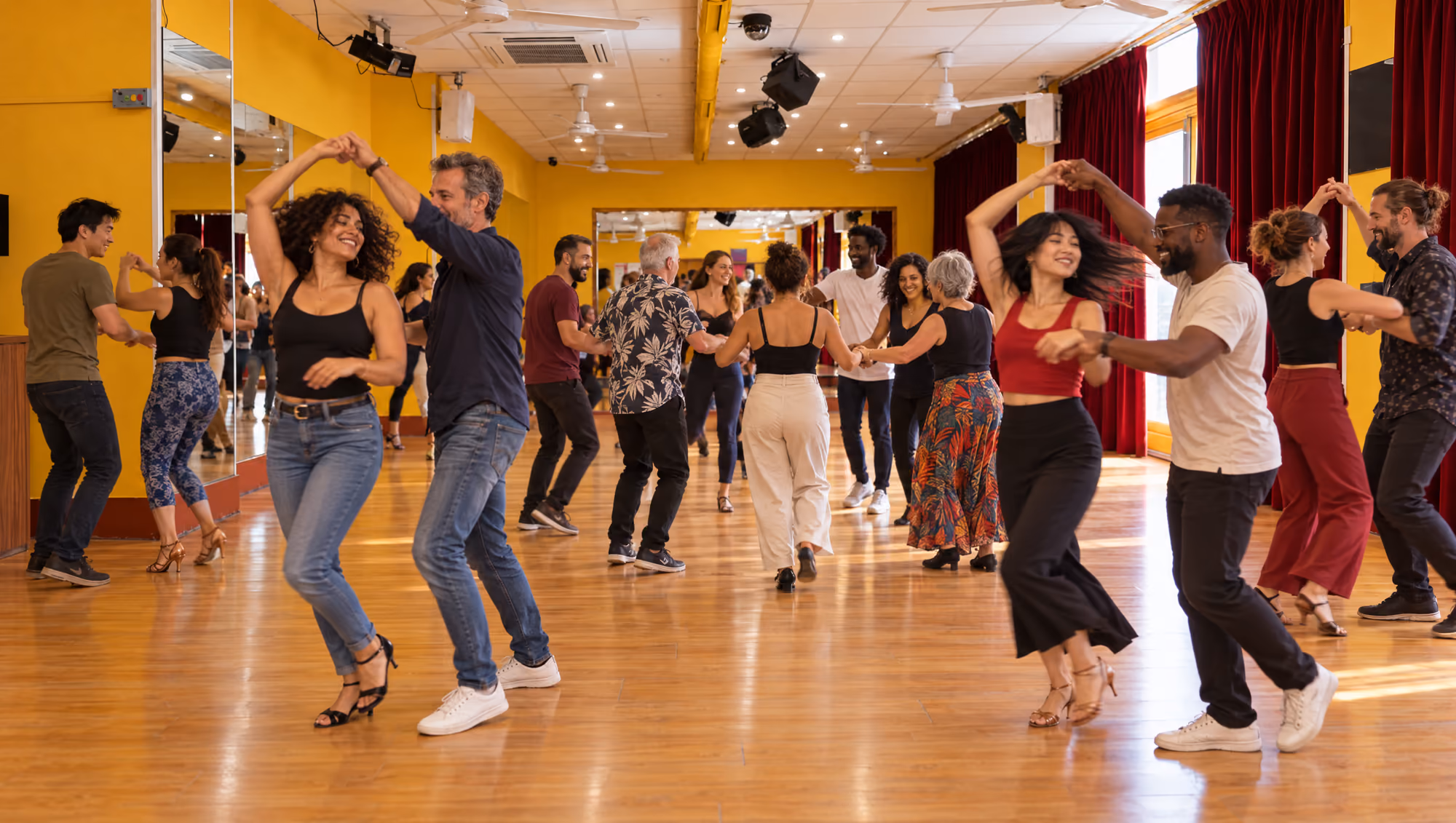 Un cours de salsa cubaine en pleine séance, salle jaune : une quinzaine d’élèves de tous âges et de toutes origines.