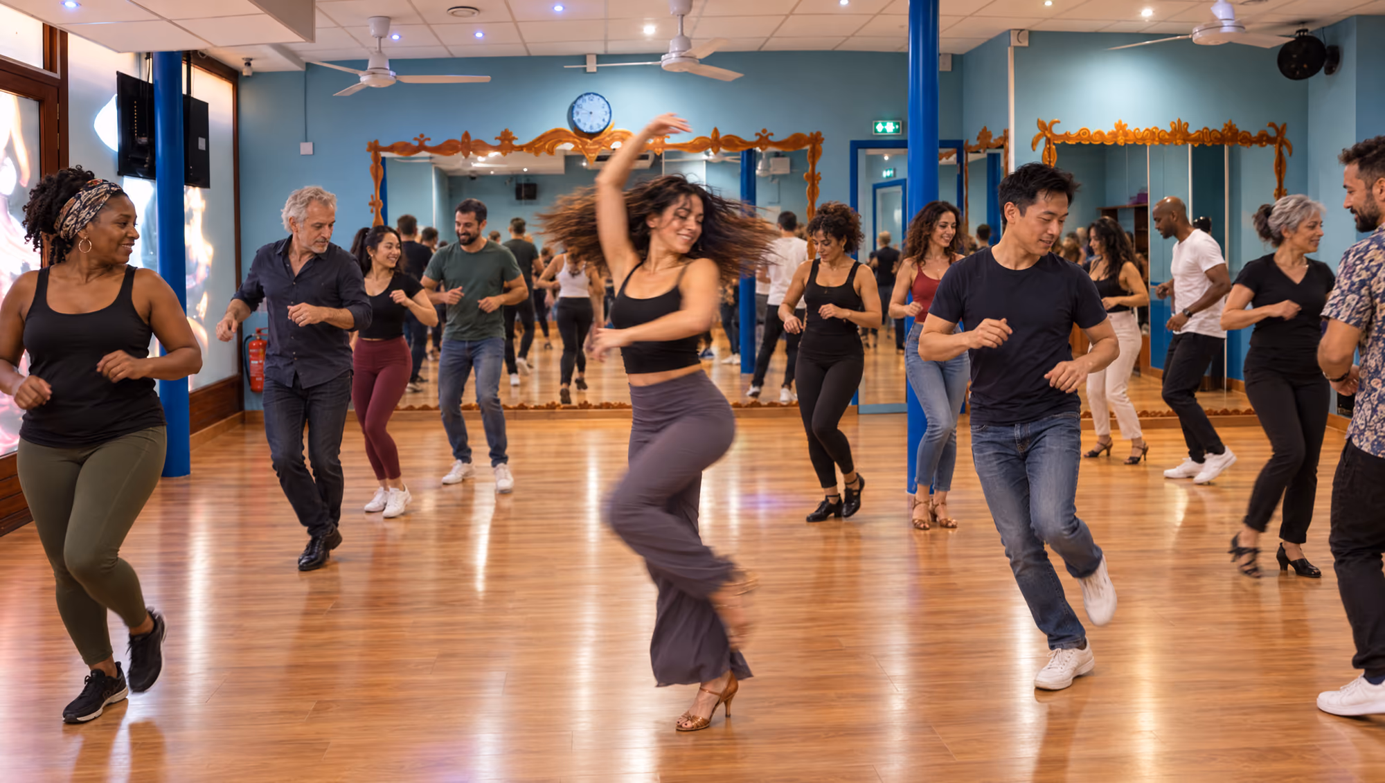 Un cours de salsa portoricaine en pleine séance, salle bleue : une quinzaine d’élèves de tous âges et de toutes origines.