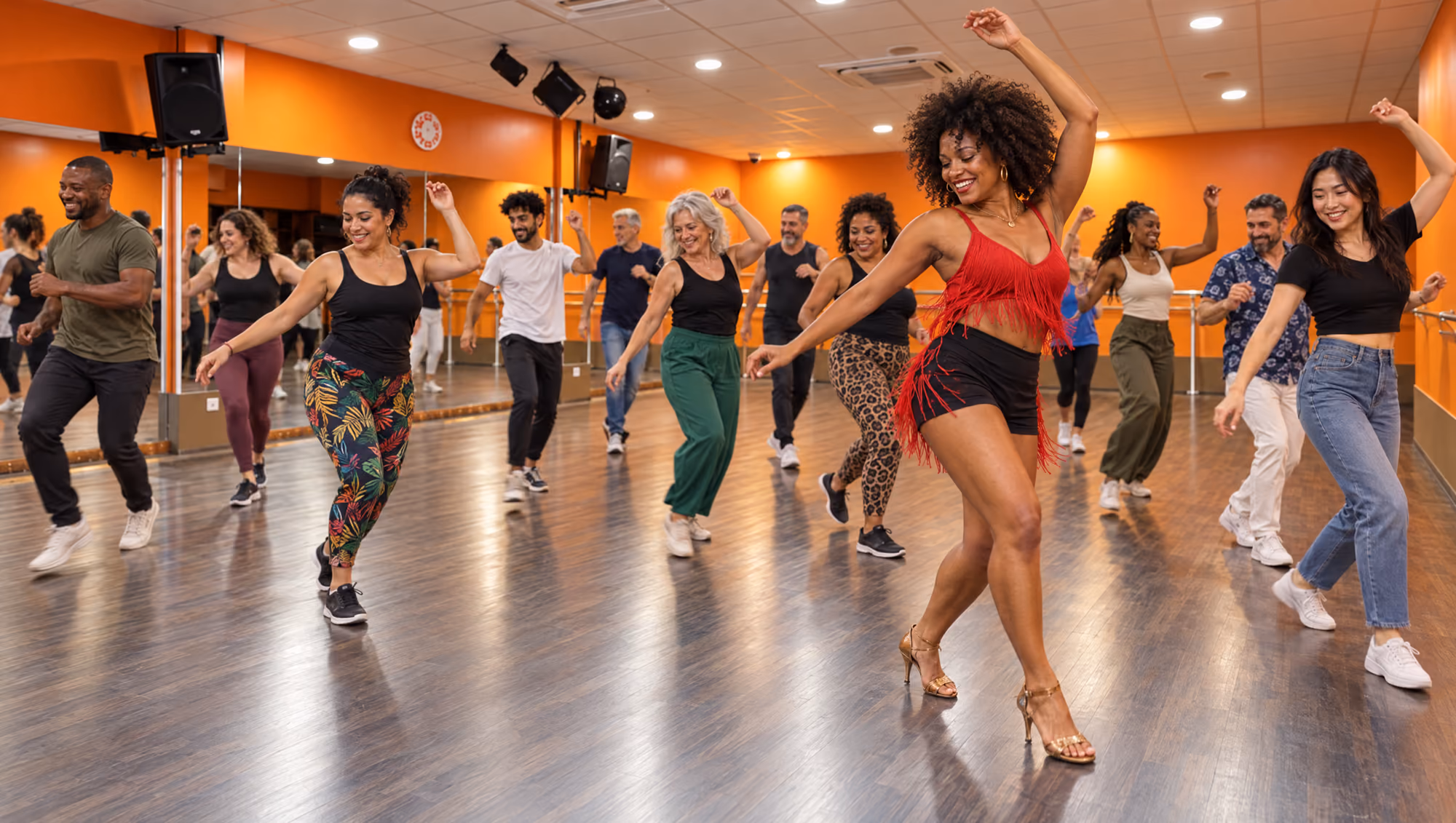Un cours de samba brésilienne en pleine séance, salle orange : une quinzaine d’élèves de tous âges et de toutes origines.
