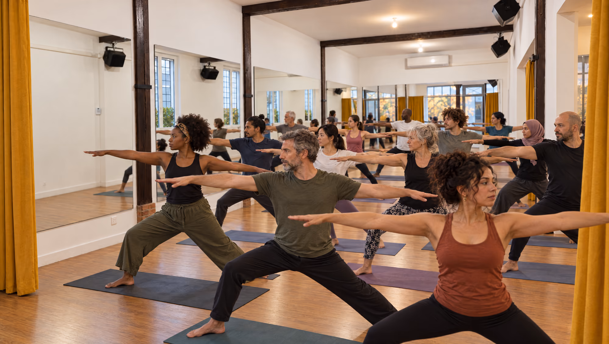Un cours de yoga & stretching en pleine séance, salle safran : une quinzaine d’élèves de tous âges et de toutes origines.