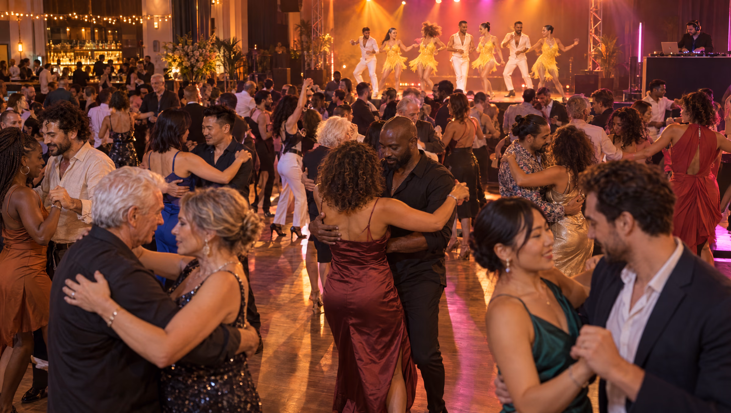 La piste d’une grande fête de l’école, pleine de couples en salsa, bachata et kizomba ; un show en robes à franges jaunes sur scène, le DJ et le bar au fond.