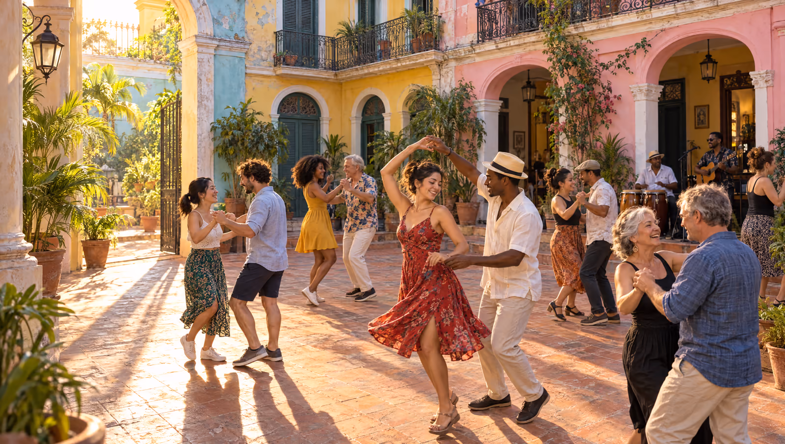 Un stage de salsa dans le patio d’une maison coloniale de La Havane : des voyageurs de tous âges dansent en couple avec des professeurs cubains.